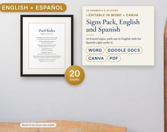 Bilingual Airbnb Signs English Spanish, 20 Printable Vacation Rental Signs, Letreros, Wi-Fi, Pool Rules, Vrbo Rental, Word, Canva