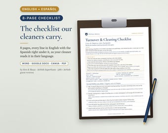 Bilingual Airbnb Cleaning Checklist English Spanish, Lista de Limpieza, Turnover Checklist for Spanish Speaking Cleaners, Vrbo, Word