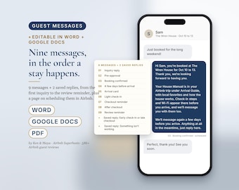 Airbnb Message Templates, 9 Guest Messages and 2 Saved Replies, Arrival Card, Scheduled Messages, Vrbo Rental, Word, Google Docs