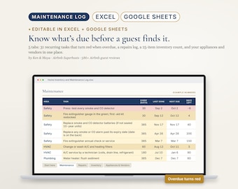 Airbnb Home Inventory and Maintenance Log Spreadsheet, Vacation Rental Repair Tracker, Appliance List, Vrbo Rental, Excel, Google Sheets