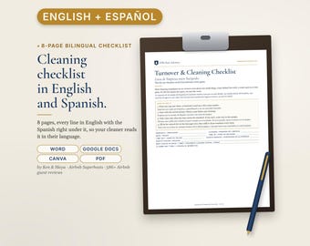 Bilingual Airbnb Cleaning Checklist English Spanish, Lista de Limpieza, Editable Canva and Word, Turnover