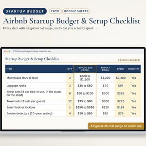 Planilha de orçamento inicial para Airbnb, lista de verificação para configuração de aluguel de temporada e lista de mobília com custos típicos, Excel