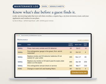 Airbnb Maintenance Log and Home Inventory Spreadsheet, Vacation Rental Repair Tracker, Excel
