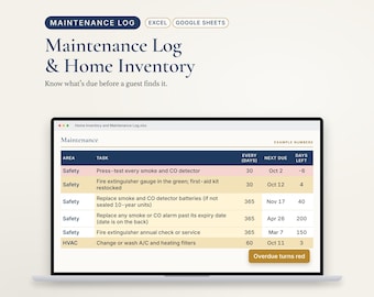 Airbnb Maintenance Log and Home Inventory Spreadsheet, Vacation Rental Repair Tracker, Excel