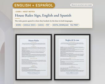 Bilingual Airbnb House Rules Sign English Spanish, Reglas de la Casa, Editable Canva and Word, Printable