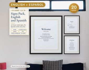 Pakket met tweetalige Airbnb-bordjes (Engels en Spaans), 20 printbare bordjes voor vakantiewoningen, Letreros, Wi-Fi
