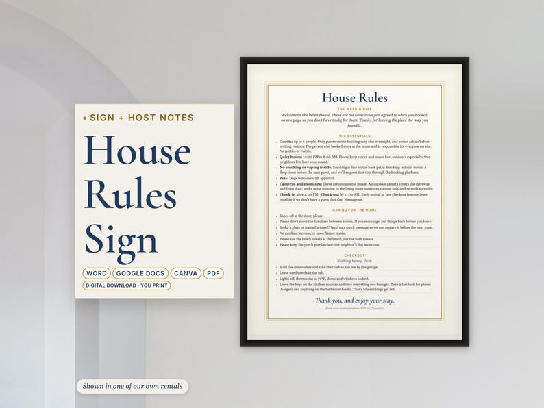 Airbnb House Rules Sign, Editable Canva and Word, Printable Vacation Rental Rules and Checkout Instructions image 1