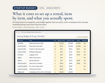 Airbnb Startup Budget Spreadsheet, Vacation Rental Setup Checklist and Furnishing List, Excel & Google Sheets