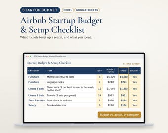 Airbnb Startup Budget Spreadsheet, Vacation Rental Setup Checklist and Furnishing List, Excel