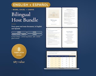 Bilingual Airbnb Host Bundle English Spanish, Editable Canva and Word Templates, Welcome Book, House Rules, Checklist, Signs