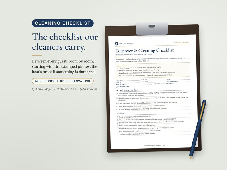 Airbnb Cleaning Checklist, Turnover Checklist for Cleaners, Editable Word & Google Docs, Vacation Rental Cleaning SOP 画像 1