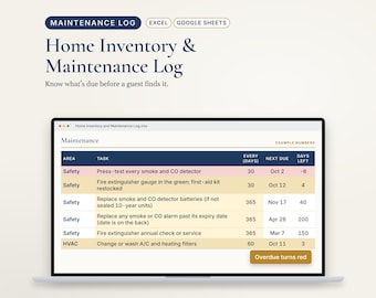 Airbnb Maintenance Log and Home Inventory Spreadsheet, Vacation Rental Repair Tracker, Excel