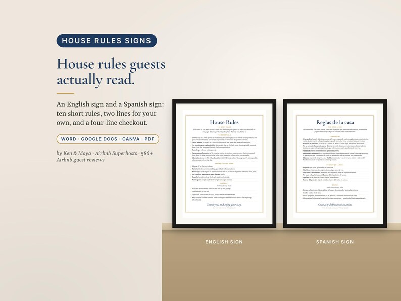 Placa bilíngue com as regras da casa do Airbnb (inglês e espanhol), Reglas de la Casa, editável em Canva e Word, para imprimir. imagem 2