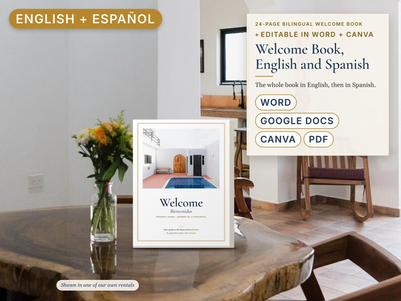 Bilingual Airbnb Welcome Book English Spanish, Libro de Bienvenida, House Manual and Local Guide, Vrbo Short Term Rental, Word, Canva bild 1