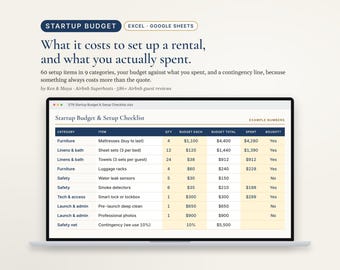 Airbnb Startup Budget Spreadsheet, Vacation Rental Setup Checklist and Furnishing List, Vrbo Short Term Rental, Excel, Google Sheets