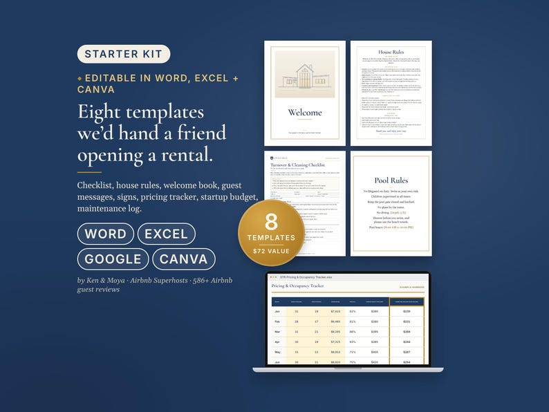 Airbnb Host Bundle, STR Host Starter Kit, Welcome Book, House Rules, Cleaning Checklist, Guest Messages, Signs, Spreadsheets, Word, Canva image 1