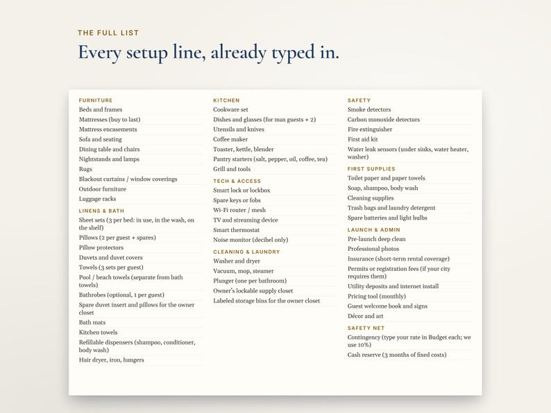 Airbnb Startup Budget Spreadsheet, Vacation Rental Setup Checklist and Furnishing List, Excel imagen 3