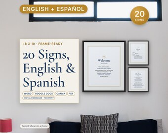 Pacote de placas bilíngues para Airbnb (inglês e espanhol), 20 placas, editáveis ​​em Canva e Word, letreiros, Wi-Fi, checkout, regras da piscina
