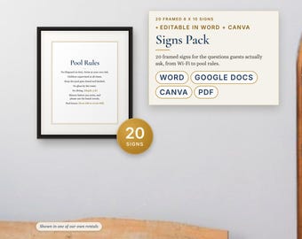 Airbnb Signs Bundle, 20 Printable Vacation Rental Signs, Wi-Fi, Checkout, Pool Rules, Quiet Hours, Vrbo Short Term Rental, Word, Canva