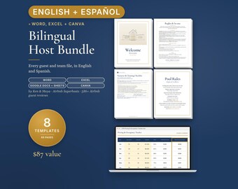 Bilingual Airbnb Host Bundle English Spanish, Editable Canva Templates, Welcome Book, House Rules, Checklist, Signs