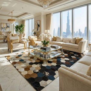 May include: A large area rug featuring a geometric pattern of hexagonal tiles in shades of brown, black, blue, and cream. The rug is positioned in a living room with cream-colored sofas and armchairs, a glass coffee table, and floor-to-ceiling windows.