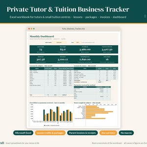 Private Tutor Business Tracker Excel, Lesson Log, Parent Invoices (Digital Download)