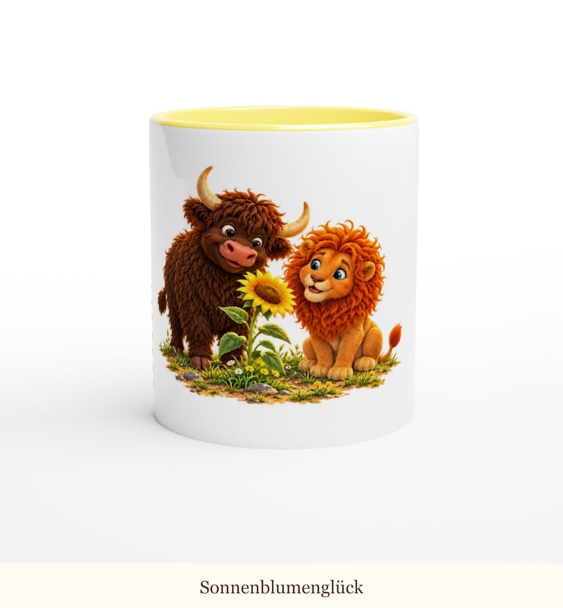 May include: A white ceramic mug with a yellow interior and rim, featuring a colorful illustration of a brown highland cow and an orange lion sitting together in a grassy field, both looking at a single yellow sunflower with the text Sonnenblumengl&uuml;ck.