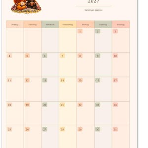 May include: A wall calendar for January 2027 titled "Mittwochsgeschichten" featuring an illustration of a cartoon lion and a bison sitting together. The grid displays days of the week in German, numbered dates from 1 to 31, and the text "Gemeinsam beginnen" below the month name.
