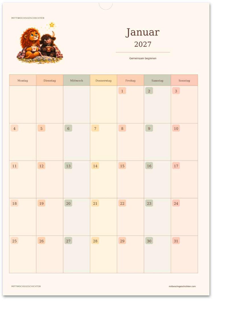 May include: A wall calendar for January 2027 titled "Mittwochsgeschichten" featuring an illustration of a cartoon lion and a bison sitting together. The grid displays days of the week in German, numbered dates from 1 to 31, and the text "Gemeinsam beginnen" below the month name.