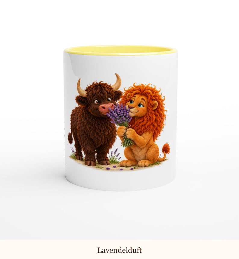 May include: A white ceramic mug with a yellow interior rim featuring a cartoon illustration of a brown Highland cow and an orange lion holding a bouquet of purple lavender flowers. The text Lavendelduft is printed at the bottom.