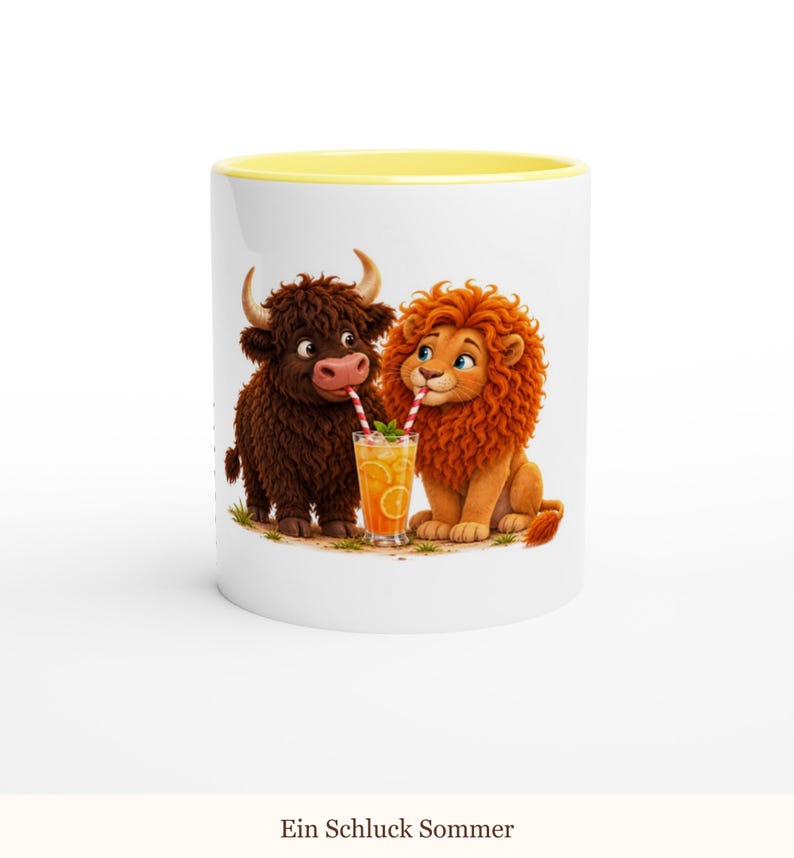May include: A white ceramic mug with a yellow interior rim featuring a cartoon illustration of a brown Highland cow and an orange lion sitting together, both drinking from a single glass of orange juice with two red and white striped straws.