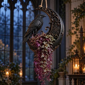May include: A black raven perched on a crescent moon-shaped planter featuring intricate scrollwork and a spiderweb design. The planter holds a trailing plant with variegated purple and green leaves and hangs from a rope.