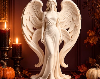 Peut inclure: Une figurine d'ange de couleur crème avec de grandes ailes détaillées et une robe fluide. La silhouette se tient dans une pose sereine avec les bras le long du corps, présentant des textures sculptées lisses et une finition mate douce.