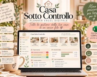Può includere: Un planner digitale Excel per la gestione della casa visualizzato su uno schermo di un computer portatile. L'interfaccia presenta sezioni per budget, lavori, acquisti, scadenze e idee. Il layout include icone, grafici e un cruscotto organizzato.