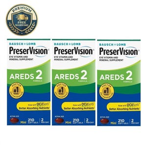 May include: Three identical boxes of Bausch + Lomb PreserVision AREDS 2 Formula eye vitamin and mineral supplement. Each box features a blue, green, and white design with text indicating 210 mini soft gels and a 2 per day dosage.