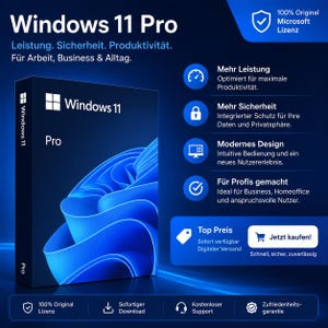 Könnte beinhalten: Eine dunkelblaue Produktverpackung für Windows 11 Pro Software mit dem Windows-Logo und abstrakten blauen Wellengrafiken. Der Text umfasst Windows 11 Pro, Leistung, Sicherheit, Produktivität, Für Arbeit, Business & Alltag sowie verschiedene Symbole.