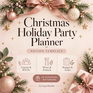 Può includere: Un modello Notion digitale per pianificare feste di Natale con testo marrone scuro su sfondo rosa chiaro, decorato con rami di pino, palline rosa, stelle dorate e un grande fiocco rosa. Include sezioni per ospiti, menu e budget.