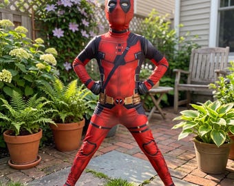 Macacão infantil do Deadpool | Macacão de herói vermelho e preto (Cosplay de Halloween)