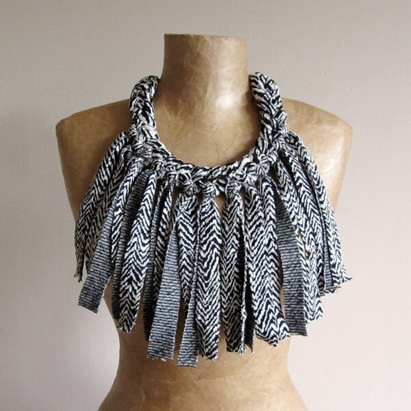 Chunky black and white fabric necklace with fringe, statement necklace, bib, upcycled, recycled, repurposed, eco-friendly jewellery