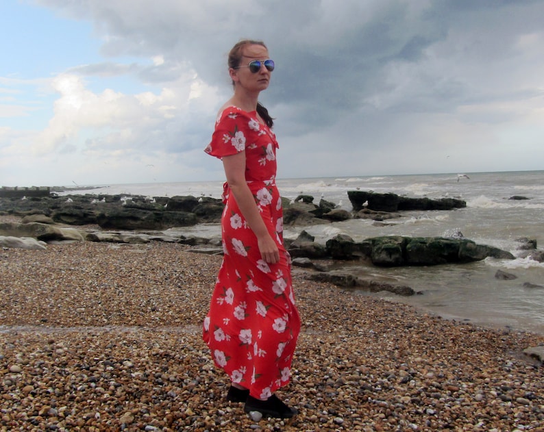 Spring summer. Romantic retro maxi gown V neck wedding guest outfit frill sleeve Vintage inspired 30s 40s style dress red floral print