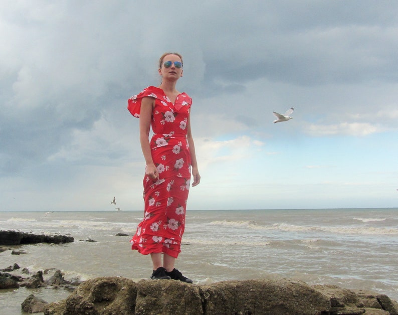 Spring summer. Romantic retro maxi gown V neck wedding guest outfit frill sleeve Vintage inspired 30s 40s style dress red floral print