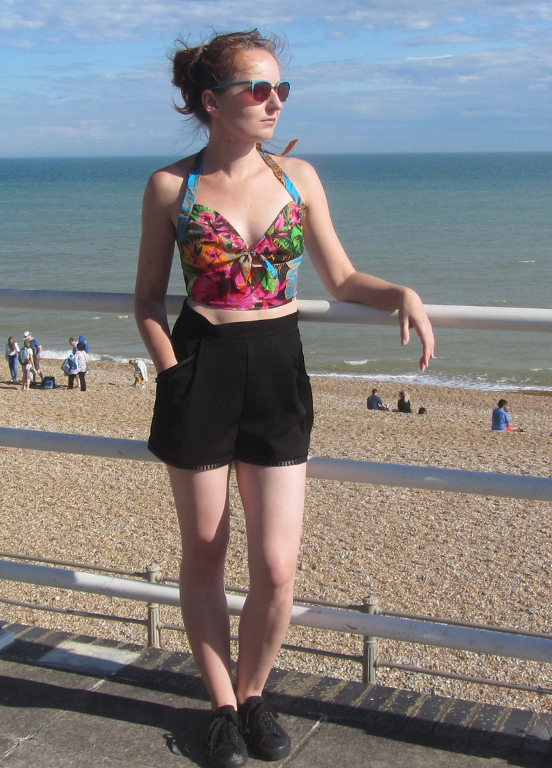 Black short shorts High waist shorts with velvet trim and pockets retro 50s 60s style original design by Paczula Boho glamour resort wear