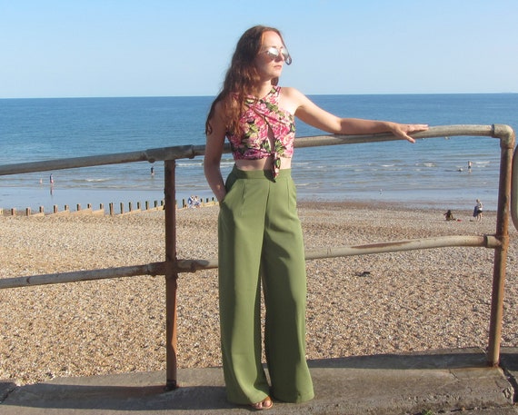navy high waisted wide leg trousers