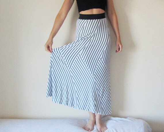 blue and white striped maxi skirt