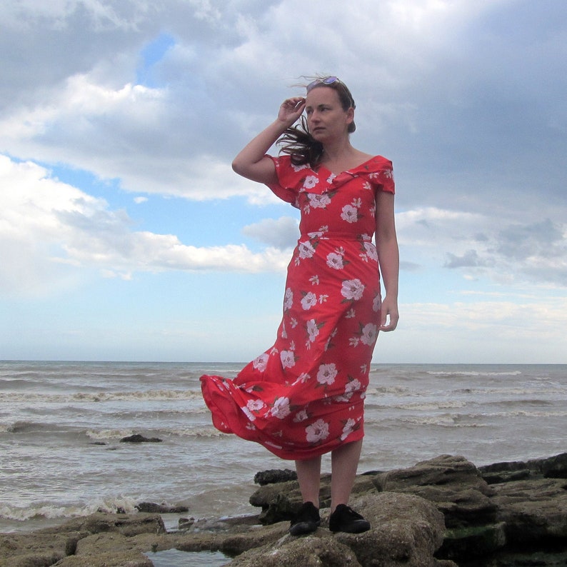 Spring summer. Romantic retro maxi gown V neck wedding guest outfit frill sleeve Vintage inspired 30s 40s style dress red floral print