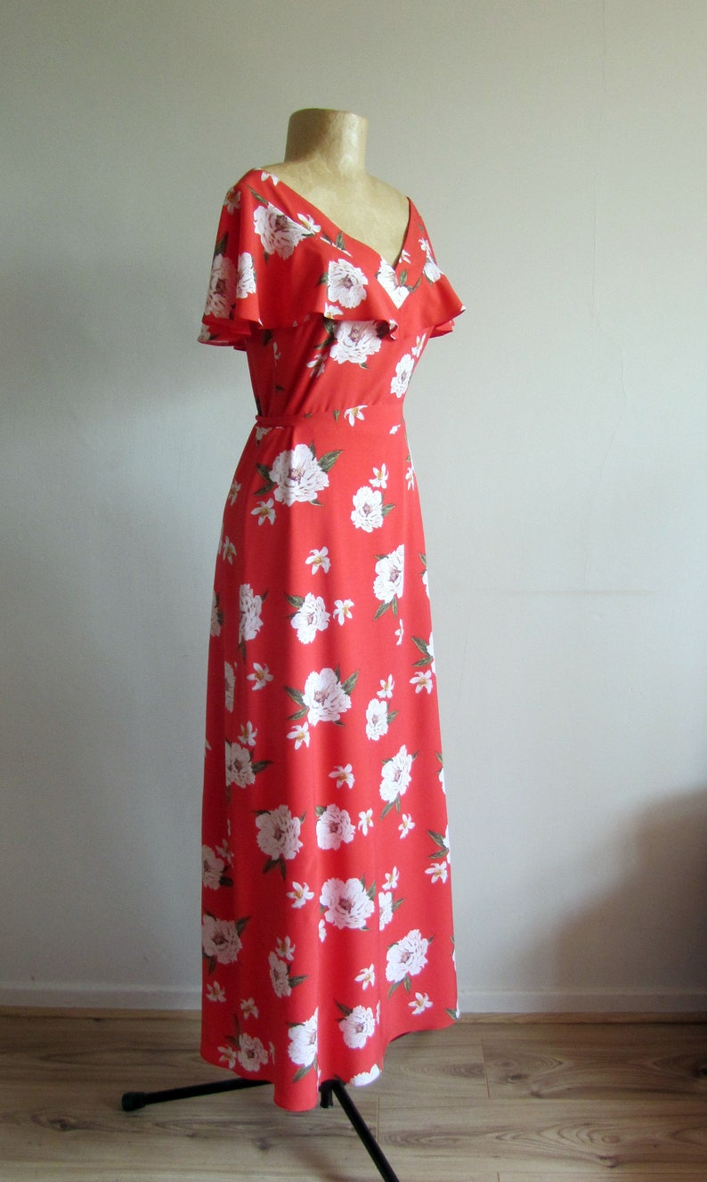 Spring summer. Romantic retro maxi gown V neck wedding guest outfit frill sleeve Vintage inspired 30s 40s style dress red floral print