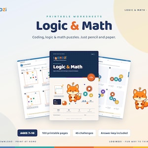 Può includere: Un set di schede didattiche stampabili Logic & Math per bambini dai 7 ai 10 anni con una mascotte a forma di volpe. Le pagine contengono puzzle di logica, matematica e coding con illustrazioni di ingranaggi e griglie.
