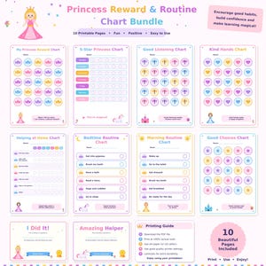Può includere: Un set di 10 tabelle di ricompensa e routine stampabili con grafiche a tema principessa, colori pastello e vari tracker per le attività. Le tabelle includono titoli come My Princess Reward Chart, 5-Star Princess Chart e Bedtime Routine Chart.