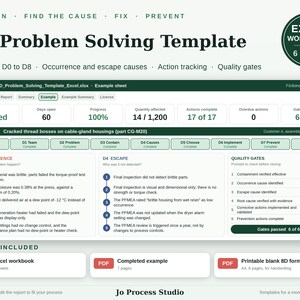 May include: An 8D Problem Solving Template Excel workbook with 6 sheets. The interface displays a dashboard for D0 to D8 reports, occurrence and escape causes, action tracking, and quality gates. Includes an Excel file, a completed PDF example, and a printable blank 8D form.