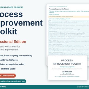 Könnte beinhalten: Ein digitales Dokument mit dem Titel Process Improvement Toolkit Professional Edition, das 41 Berater-Prompts, 7 Phasen, 4 wiederverwendbare Arbeitsblätter und ein ausgefülltes Beispiel enthält. Der Text umfasst Anleitungen für einen Process Opportunity Finder.
